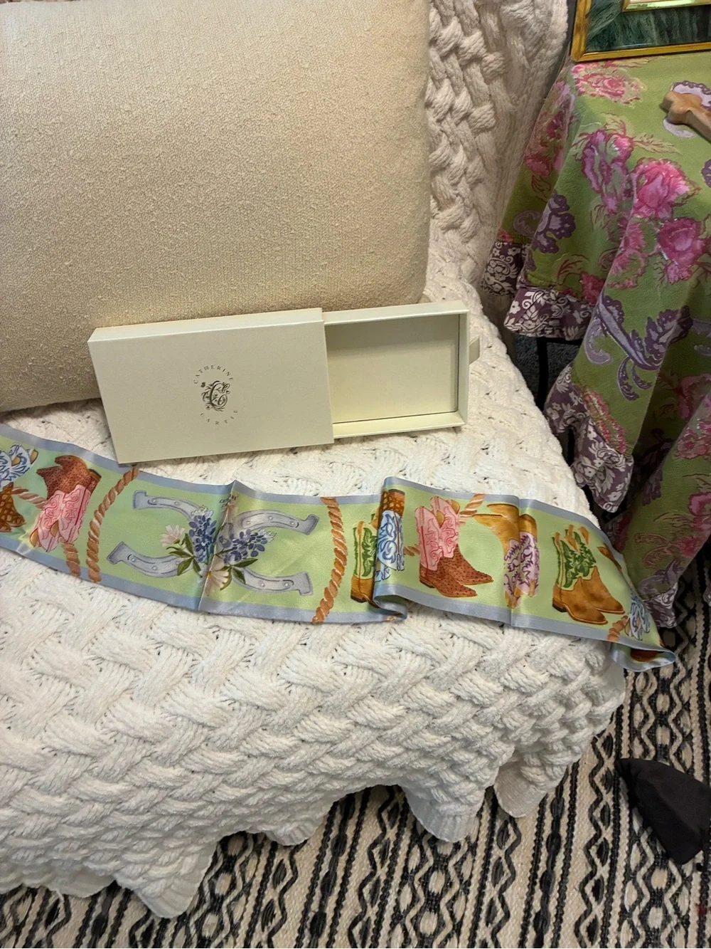 Boot Silk Ribbon Scarf in Pastel Yellow by Catherine Cartie, Fort Worth Artist